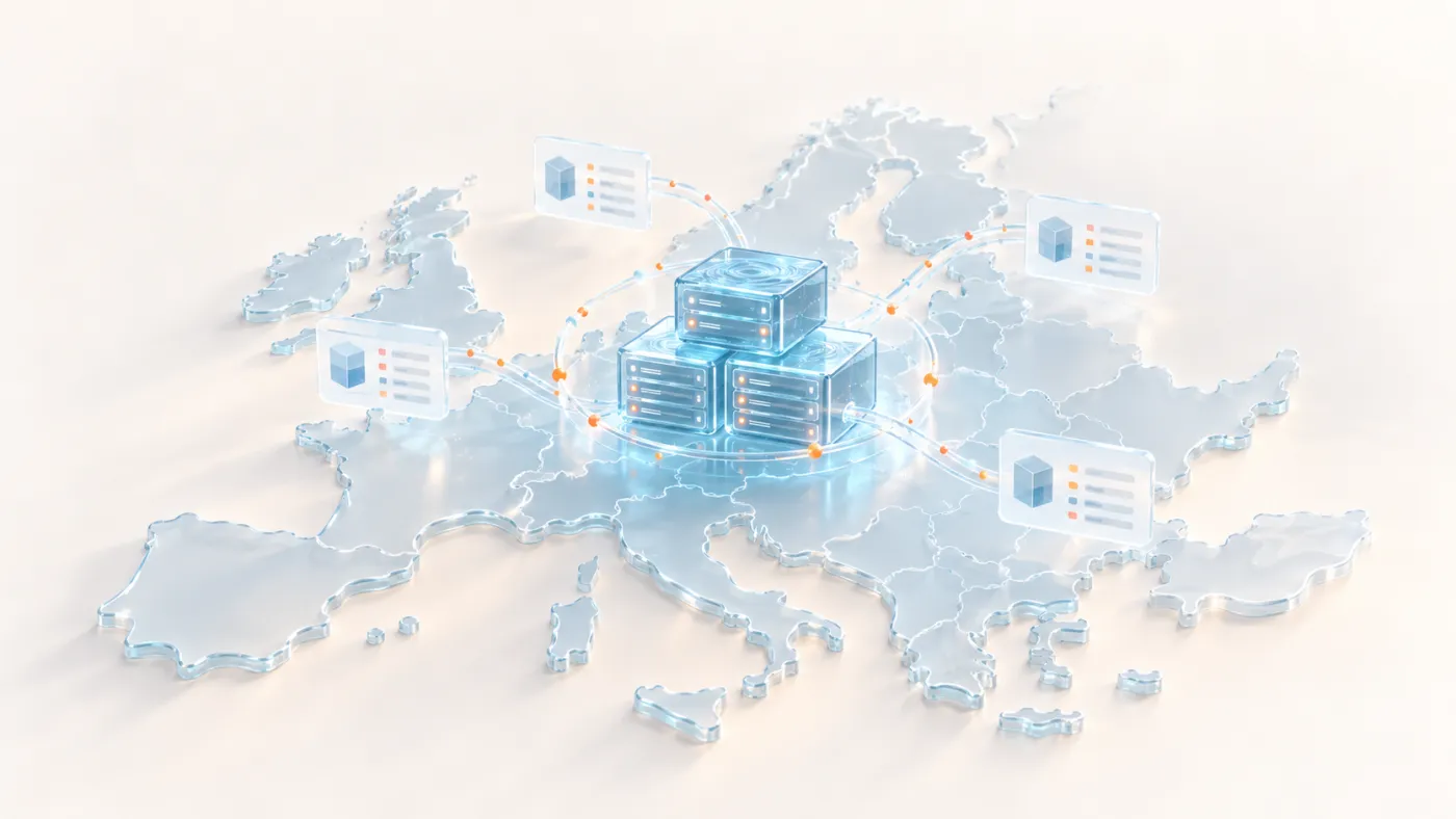 A glass map of Europe with a stack of servers in Germany at its centre, connected to catalogs around the continent.