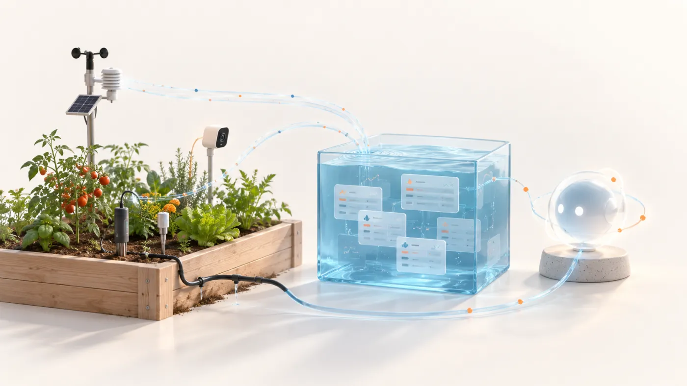 A raised garden bed with a weather station, a camera and soil probes; their data flows into a glass box of tables, an agent reads it and a line runs back to the drip irrigation.