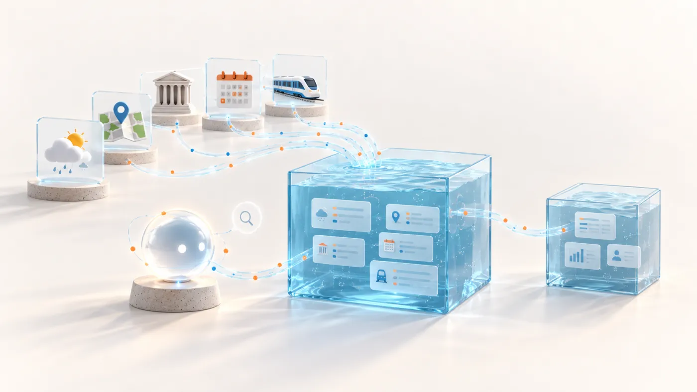 Public datasets for weather, places, administrative areas, holidays and rail flow into a shared catalog; an agent searches it and joins it with a private catalog.
