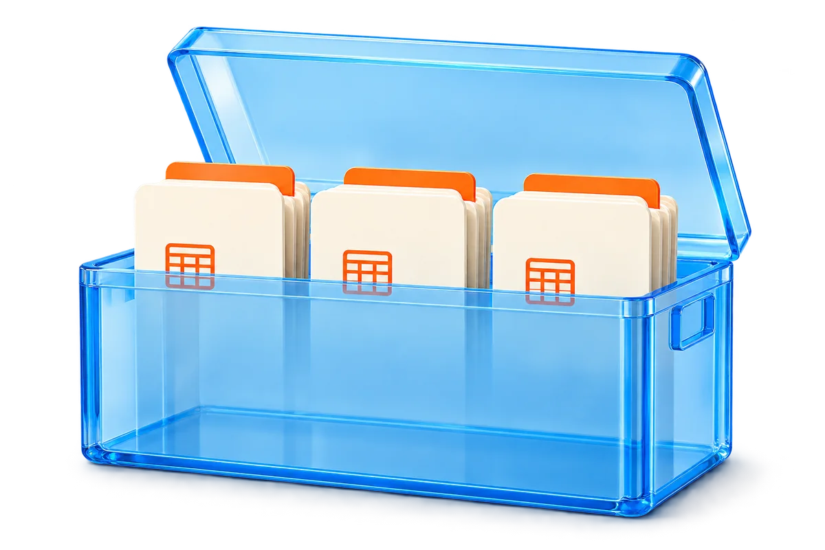 An open blue storage box holding table cards: the catalog that keeps your tables between sessions.