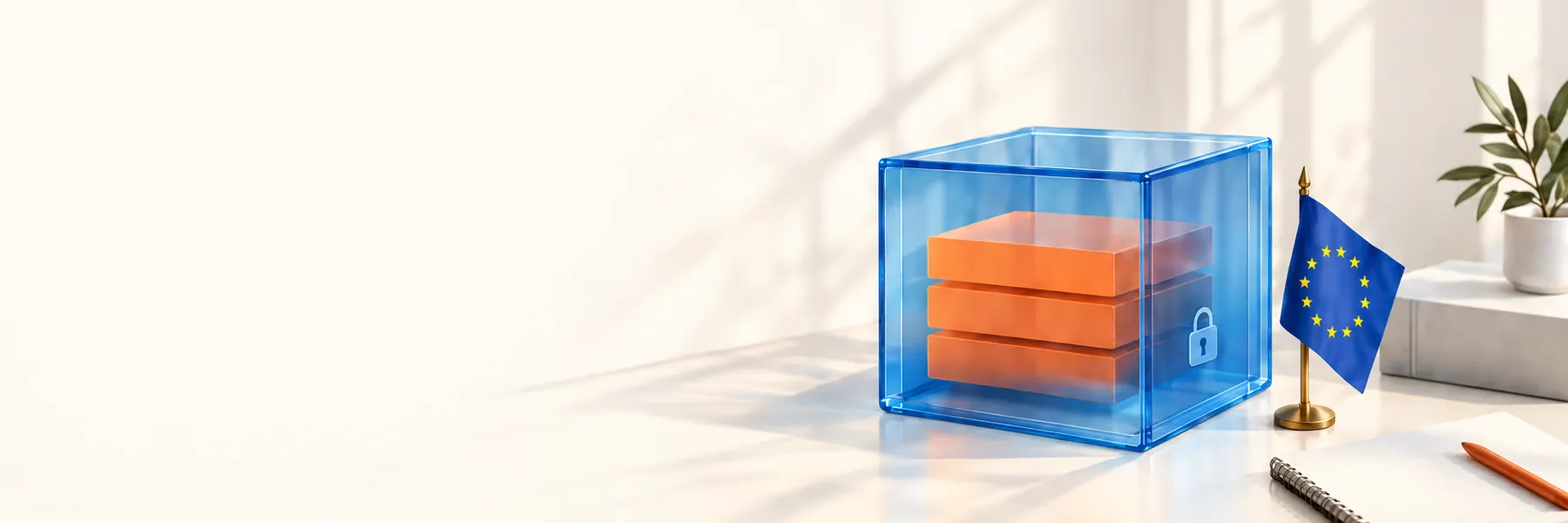 A transparent blue box with a lock holding three orange table cards, on a desk next to a European Union flag.