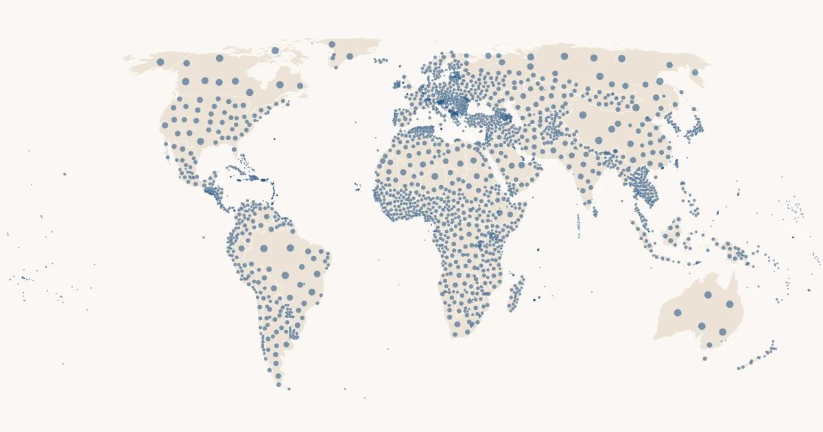 3,929 first-level regions at their centroids, sized by area; the land is the table's countries.