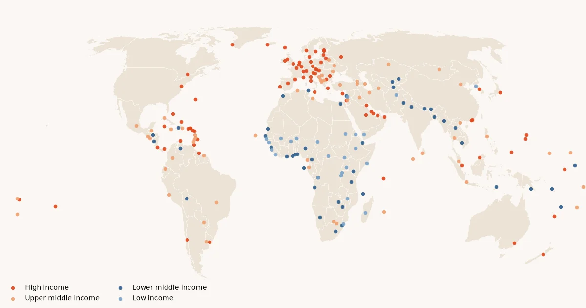 210 capitals, coloured by World Bank income group.