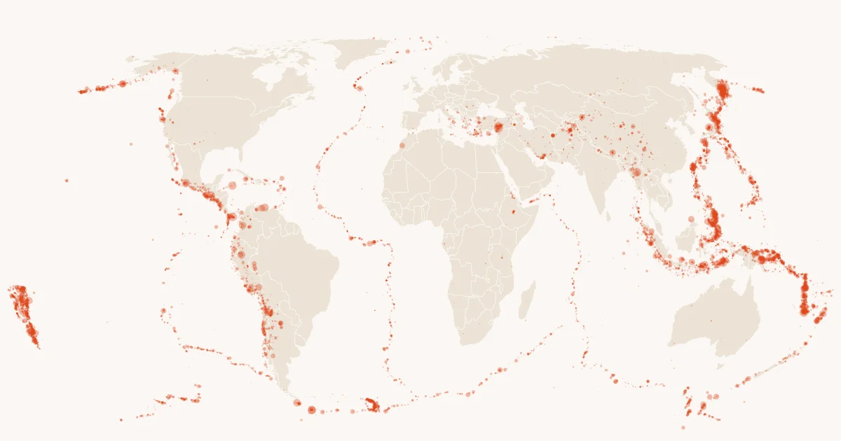 38,056 earthquakes of magnitude 4.5 or more in the last five years, sized by magnitude.