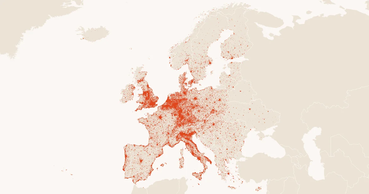 A random 4% of the places (290,756 points): where Europe's shops, schools and stations are.
