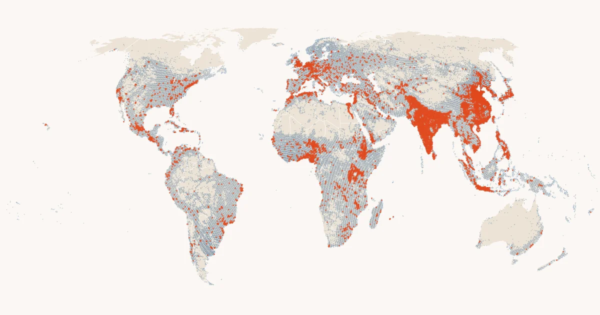 World map of Kontur resident population on Uber H3 resolution-4 hexagons.